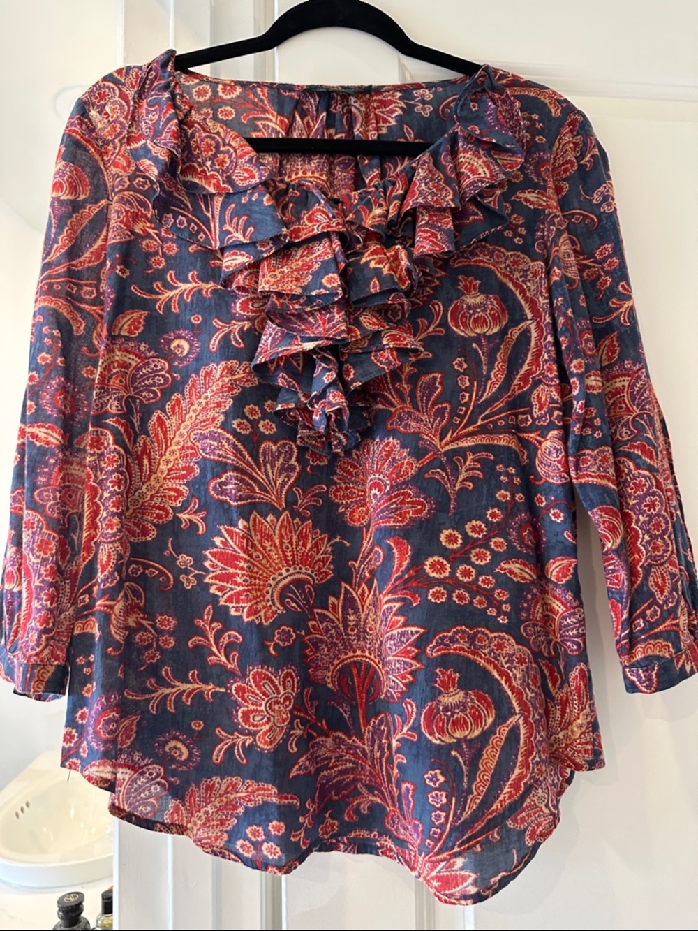 Lauren Ralph Lauren Navy Paisley Ruffle Top